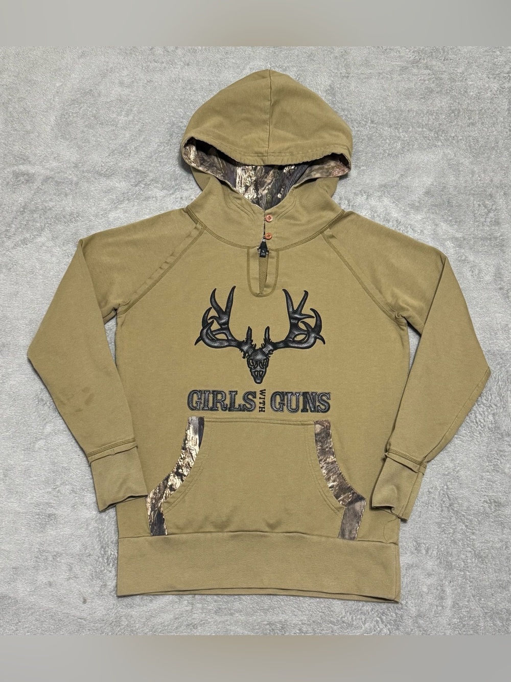 Girls With Guns Deer Skull Camo Pullover Hoodie Womens L Hunting Ranch Gorpcore